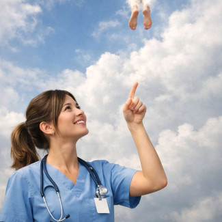 Krankenschwester im Freien, zeigt mit einem Finger auf Füße oben im Himmel