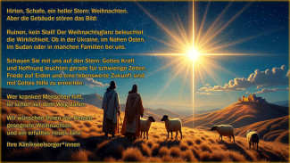 Hirten gehen dem Stern entgegen, der über Ruinen steht